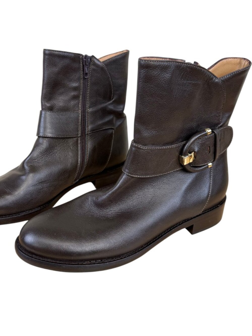 Napoleoni Leather Boots Brown Short Low Heel Buckle Italy (39)